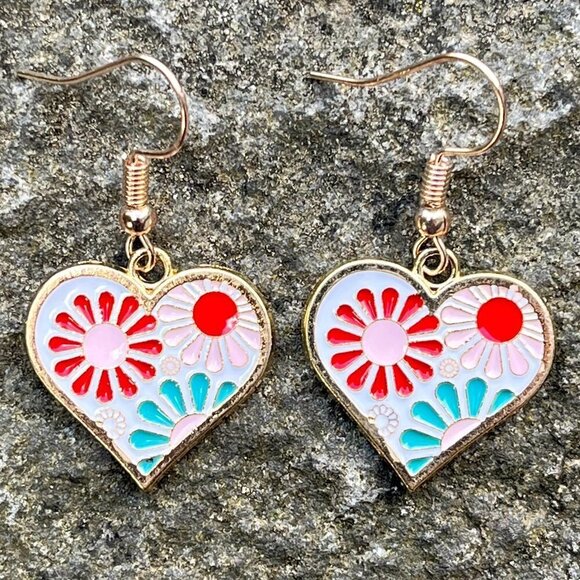 Flower Heart Enamel Drop Earrings - Picture 4 of 5